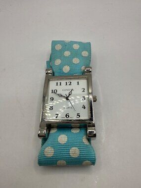Geneva Y2K Cottagecore Square Silver Tank Watch Blue White Polka Dot Ribbon Band